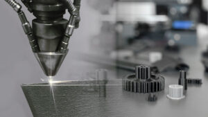 Additive manufacturing metal 3d printer in action next to 3d prints