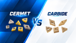 Cermet and carbide cutting inserts displayed side by side under the labels Cermet vs. Carbide.