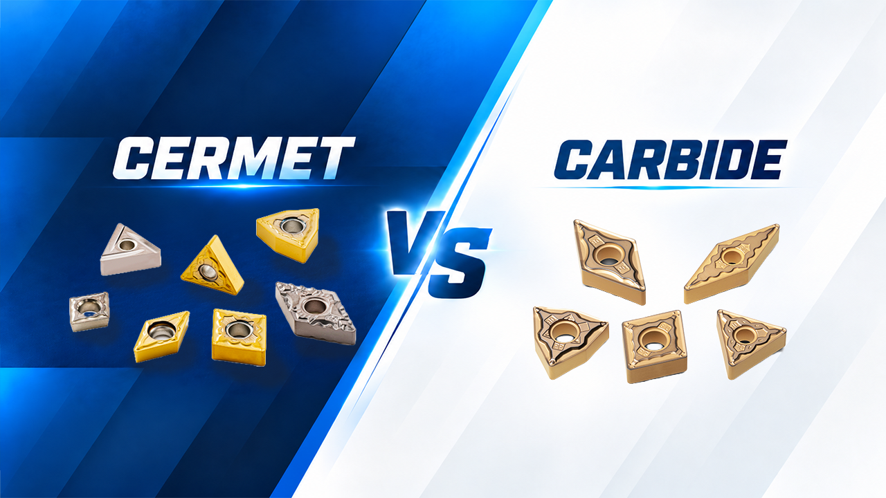 Cermet and carbide cutting inserts displayed side by side under the labels Cermet vs. Carbide.